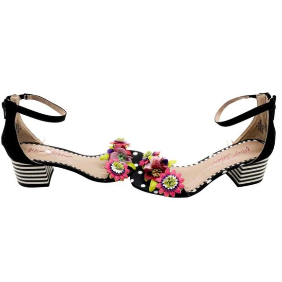 Betsey Johnson Black Floral Chunky Heel Sandals - Picture 1 of 6